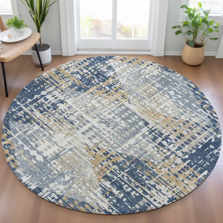 8' Navy Blue And Beige Round Geometric Washable Indoor Outdoor Area Rug