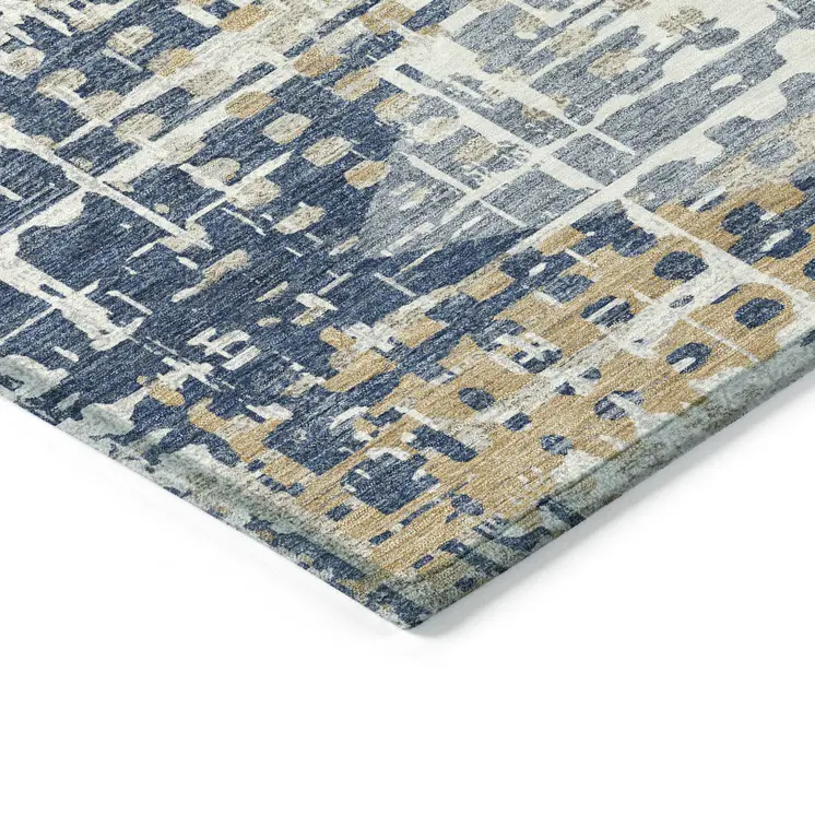 8' X 10' Navy Blue And Beige Geometric Washable Indoor Outdoor Area Rug