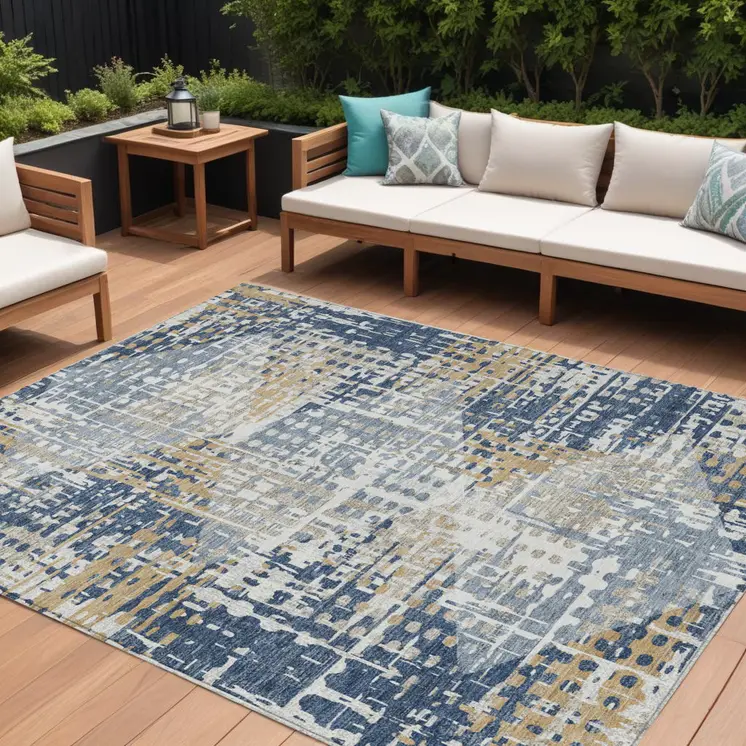 9' X 12' Navy Blue And Beige Geometric Washable Indoor Outdoor Area Rug
