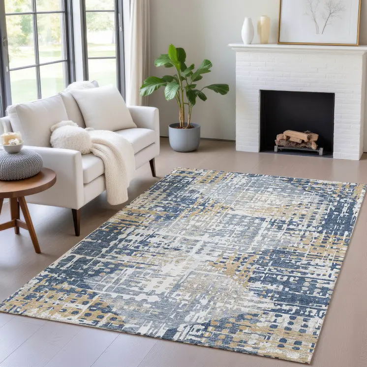 9' X 12' Navy Blue And Beige Geometric Washable Indoor Outdoor Area Rug