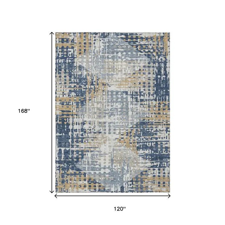 10' X 14' Navy Blue And Beige Geometric Washable Indoor Outdoor Area Rug