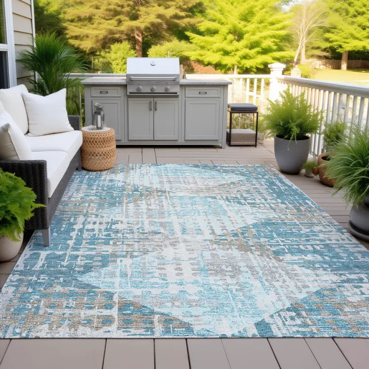 3' X 5' Teal Blue And Beige Geometric Washable Indoor Outdoor Area Rug