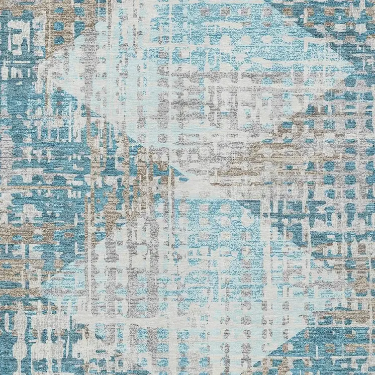 3' X 5' Teal Blue And Beige Geometric Washable Indoor Outdoor Area Rug