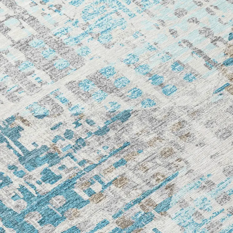 3' X 5' Teal Blue And Beige Geometric Washable Indoor Outdoor Area Rug