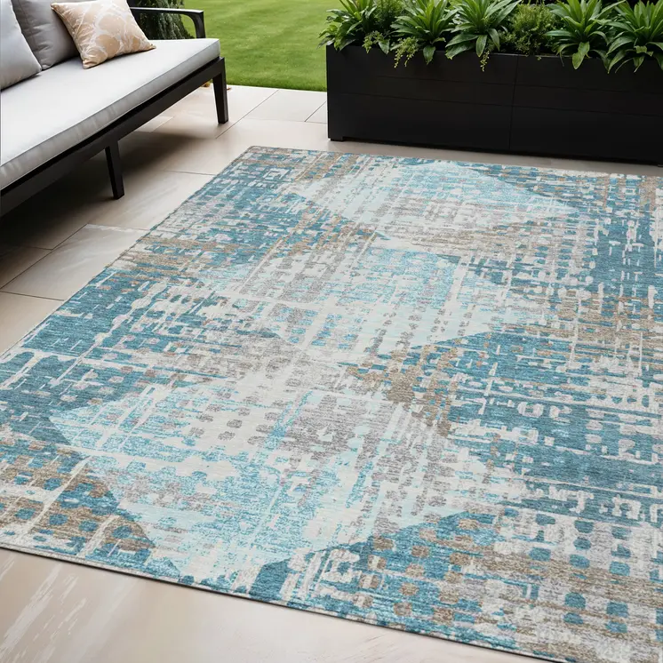 5' X 8' Teal Blue And Beige Geometric Washable Indoor Outdoor Area Rug
