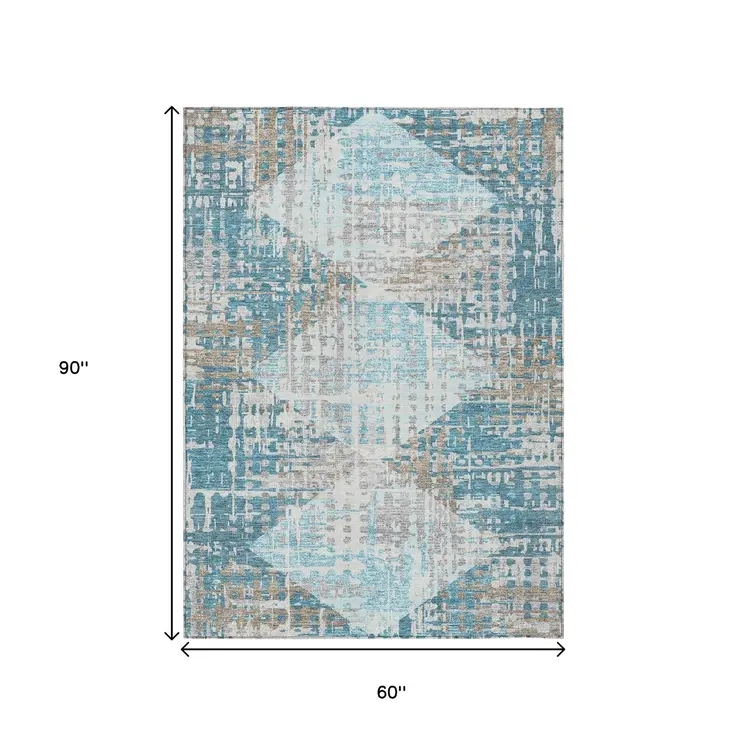 5' X 8' Teal Blue And Beige Geometric Washable Indoor Outdoor Area Rug