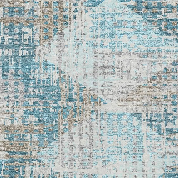 5' X 8' Teal Blue And Beige Geometric Washable Indoor Outdoor Area Rug