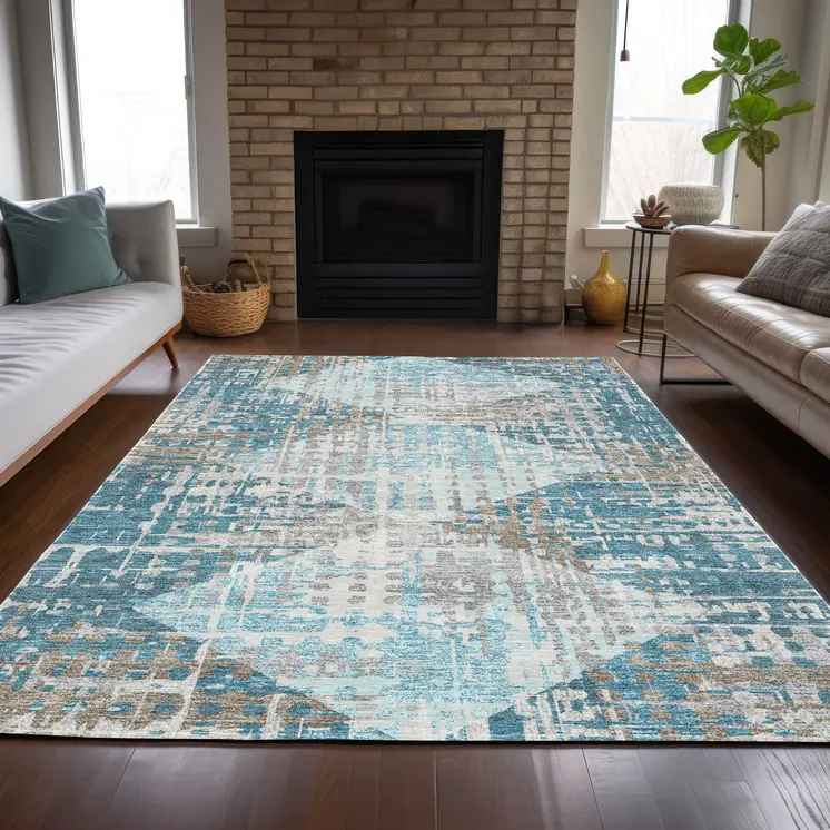 5' X 8' Teal Blue And Beige Geometric Washable Indoor Outdoor Area Rug