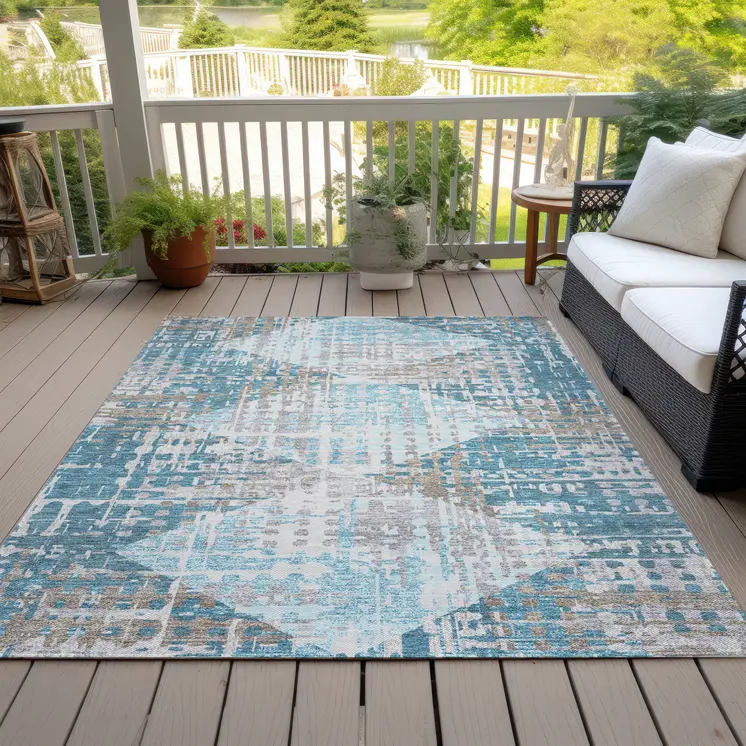 5' X 8' Teal Blue And Beige Geometric Washable Indoor Outdoor Area Rug