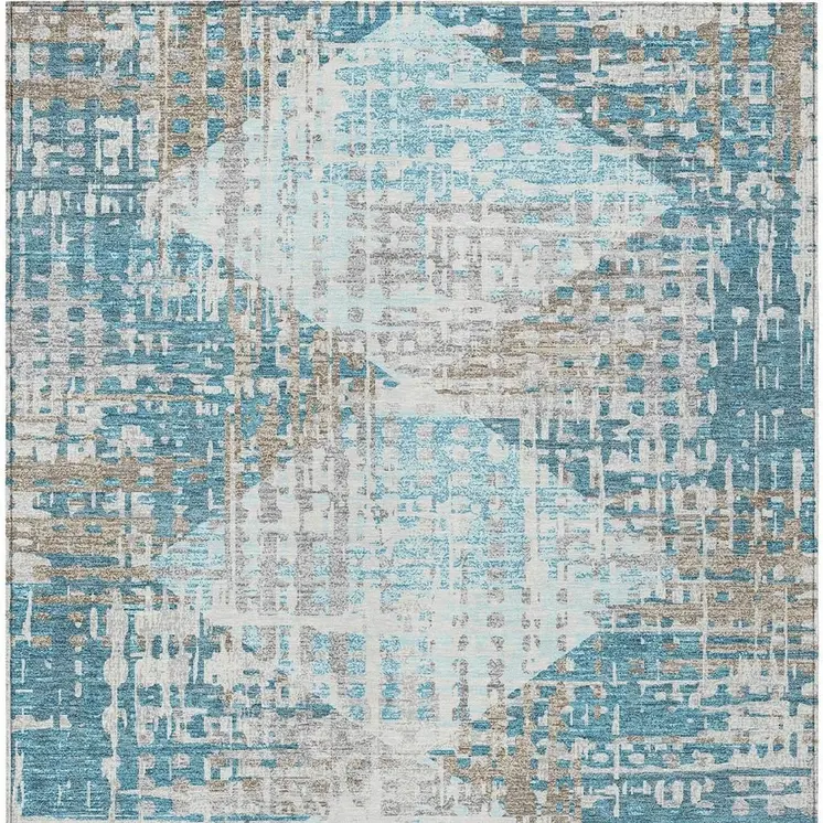 8' X 10' Teal Blue And Beige Geometric Washable Indoor Outdoor Area Rug