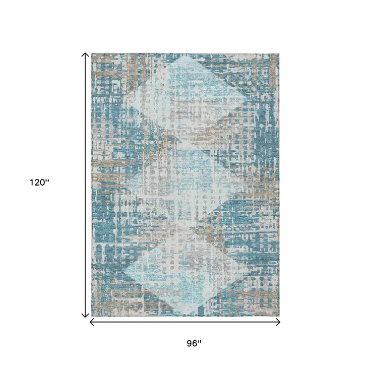 8' X 10' Teal Blue And Beige Geometric Washable Indoor Outdoor Area Rug