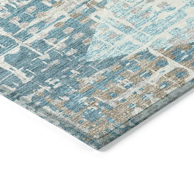 8' X 10' Teal Blue And Beige Geometric Washable Indoor Outdoor Area Rug