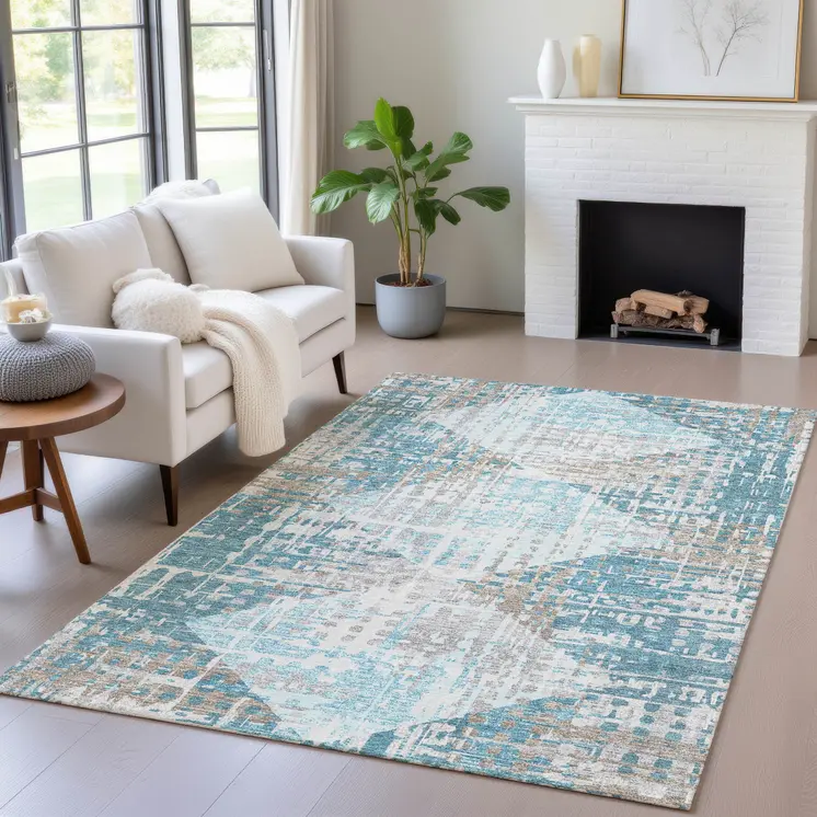 8' X 10' Teal Blue And Beige Geometric Washable Indoor Outdoor Area Rug