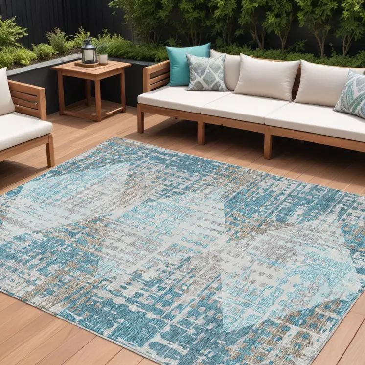 10' X 14' Teal Blue And Beige Geometric Washable Indoor Outdoor Area Rug