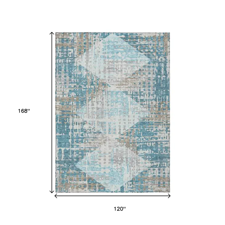 10' X 14' Teal Blue And Beige Geometric Washable Indoor Outdoor Area Rug