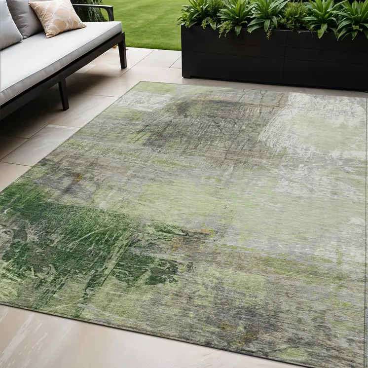 5' X 8' Artichoke Green And Ivory Abstract Washable Indoor Outdoor Area Rug