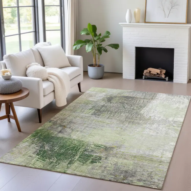 5' X 8' Artichoke Green And Ivory Abstract Washable Indoor Outdoor Area Rug