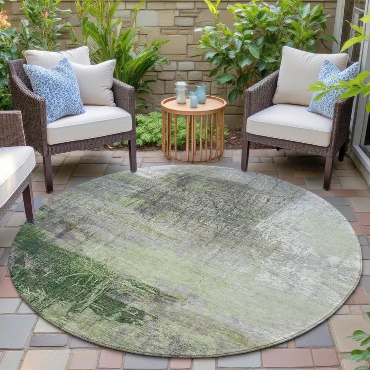 8' Artichoke Green And Ivory Round Abstract Washable Indoor Outdoor Area Rug