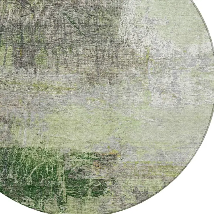 8' Artichoke Green And Ivory Round Abstract Washable Indoor Outdoor Area Rug