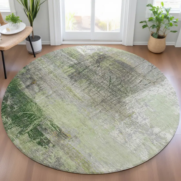 8' Artichoke Green And Ivory Round Abstract Washable Indoor Outdoor Area Rug