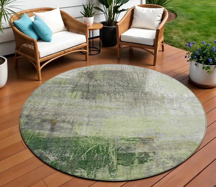 8' Artichoke Green And Ivory Round Abstract Washable Indoor Outdoor Area Rug
