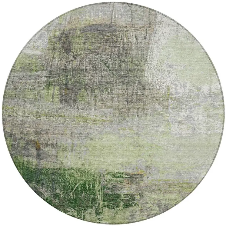8' Artichoke Green And Ivory Round Abstract Washable Indoor Outdoor Area Rug