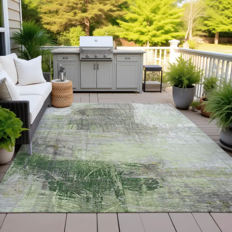 8' X 10' Artichoke Green And Ivory Abstract Washable Indoor Outdoor Area Rug