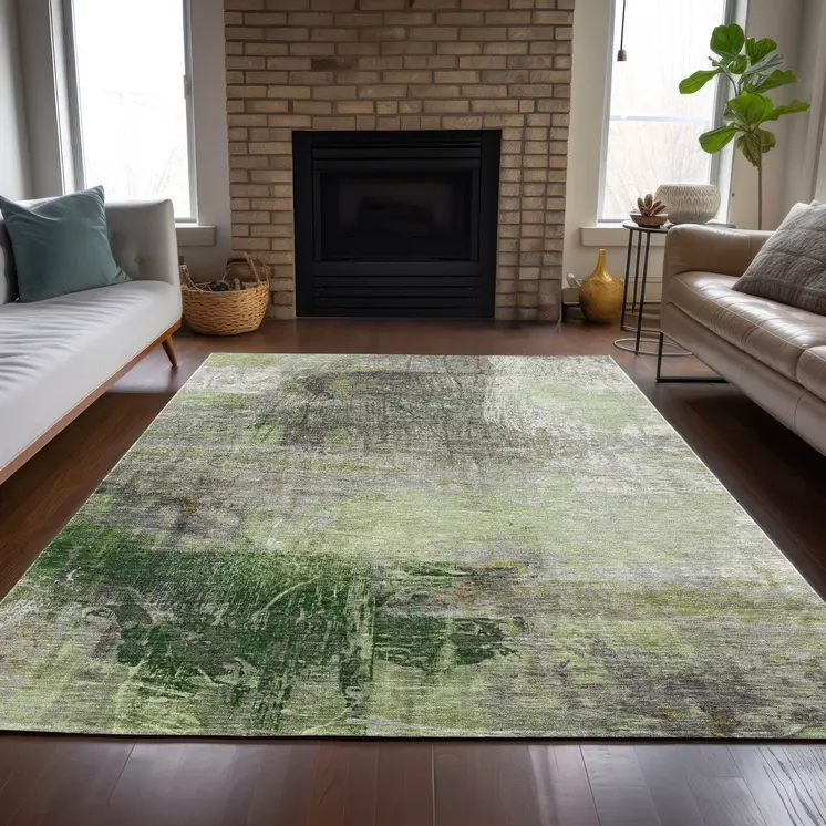 8' X 10' Artichoke Green And Ivory Abstract Washable Indoor Outdoor Area Rug