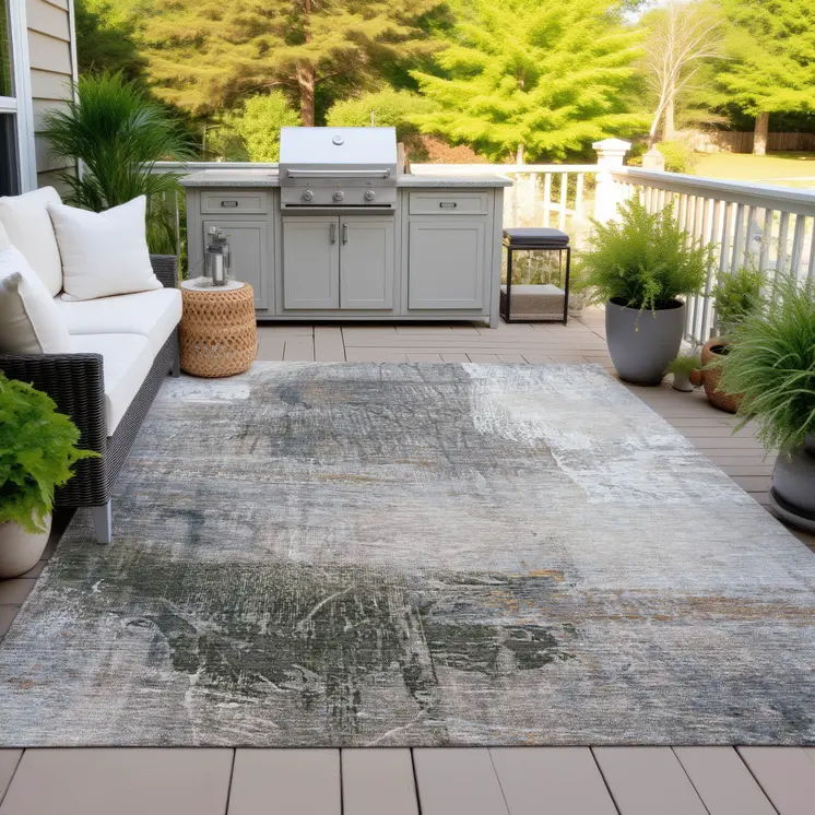 5' X 8' Beige And Gray Abstract Washable Indoor Outdoor Area Rug
