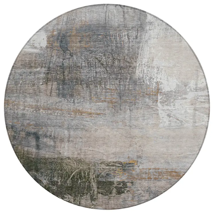 8' Beige And Gray Round Abstract Washable Indoor Outdoor Area Rug