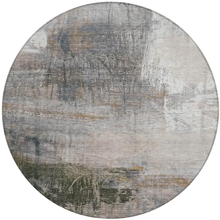 8' Beige And Gray Round Abstract Washable Indoor Outdoor Area Rug