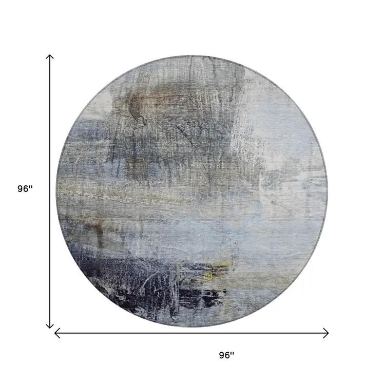 8' Sky Blue And Gray Round Abstract Washable Indoor Outdoor Area Rug
