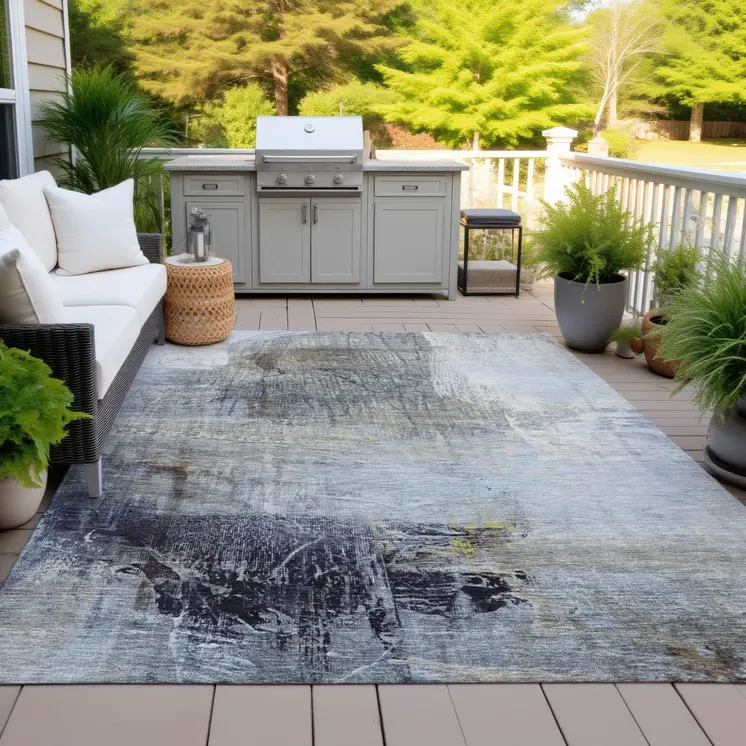 10' X 14' Sky Blue And Gray Abstract Washable Indoor Outdoor Area Rug