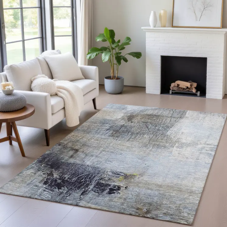 10' X 14' Sky Blue And Gray Abstract Washable Indoor Outdoor Area Rug