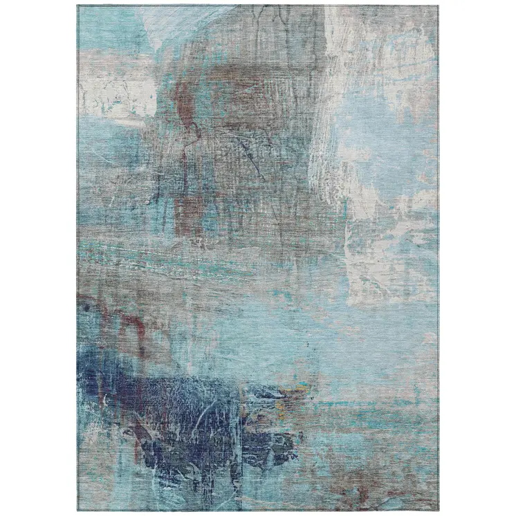 3' X 5' Teal Blue And Gray Abstract Washable Indoor Outdoor Area Rug