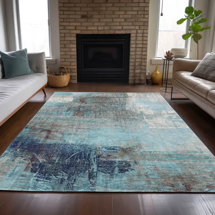 5' X 8' Teal Blue And Gray Abstract Washable Indoor Outdoor Area Rug