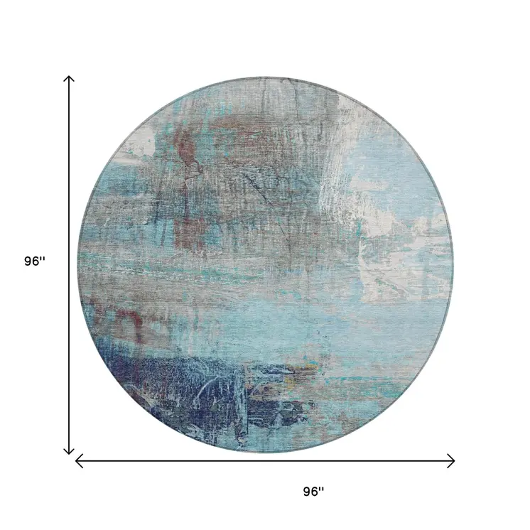 8' Teal Blue And Gray Round Abstract Washable Indoor Outdoor Area Rug