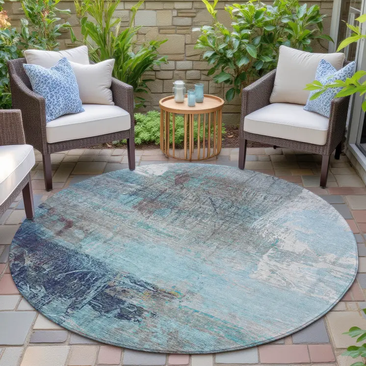 8' Teal Blue And Gray Round Abstract Washable Indoor Outdoor Area Rug