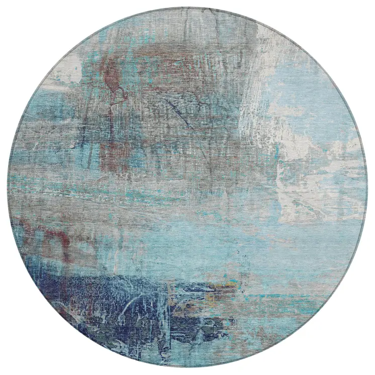 8' Teal Blue And Gray Round Abstract Washable Indoor Outdoor Area Rug