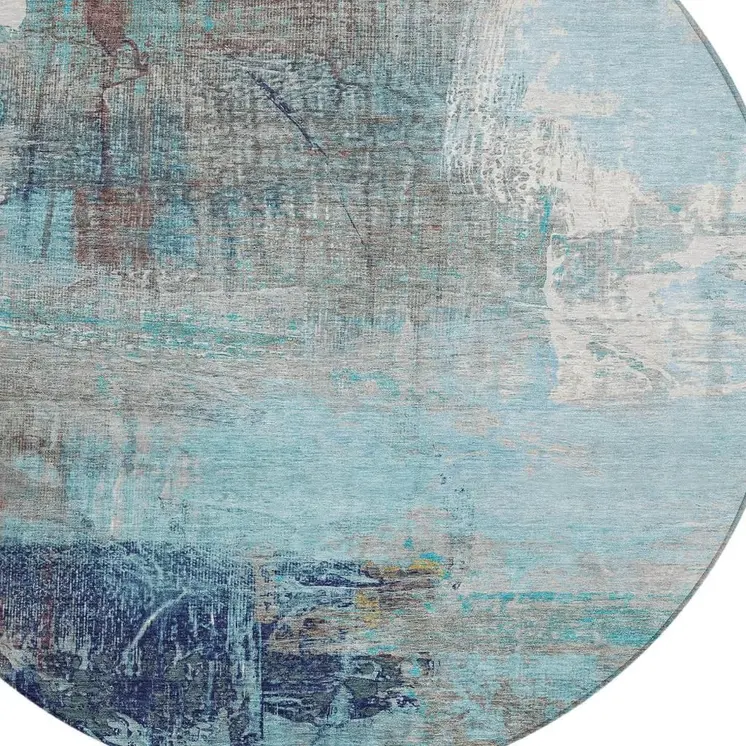 8' Teal Blue And Gray Round Abstract Washable Indoor Outdoor Area Rug