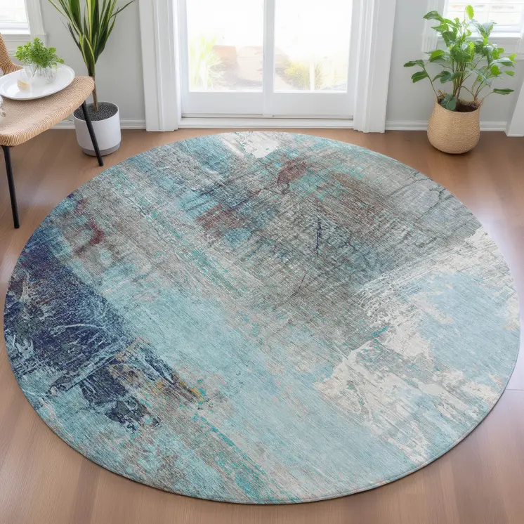 8' Teal Blue And Gray Round Abstract Washable Indoor Outdoor Area Rug