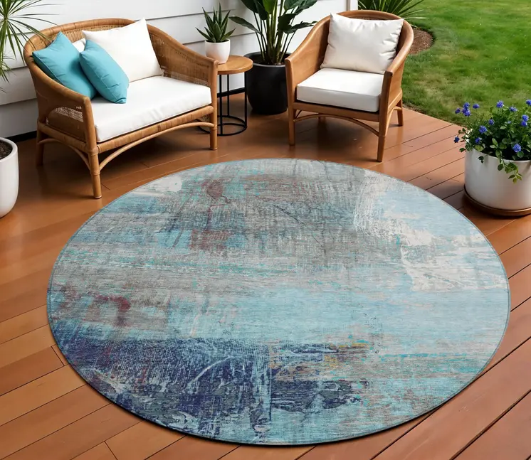8' Teal Blue And Gray Round Abstract Washable Indoor Outdoor Area Rug