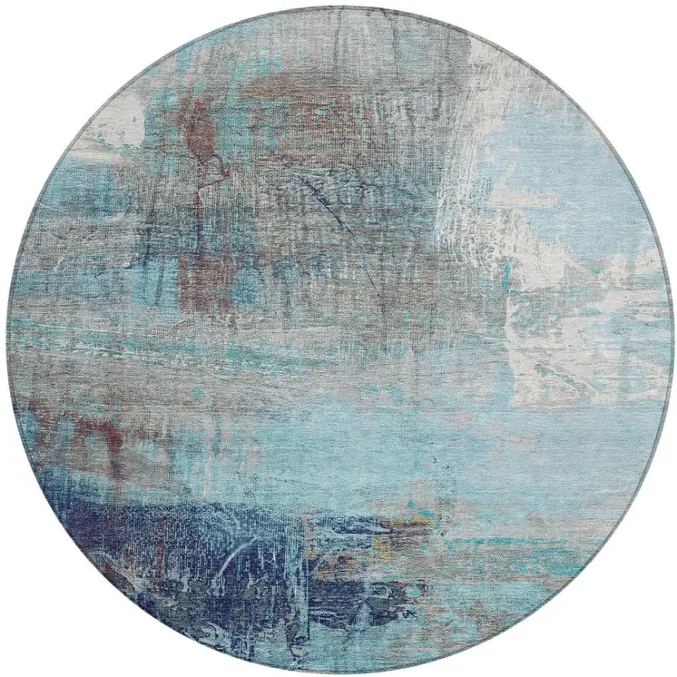 8' Teal Blue And Gray Round Abstract Washable Indoor Outdoor Area Rug