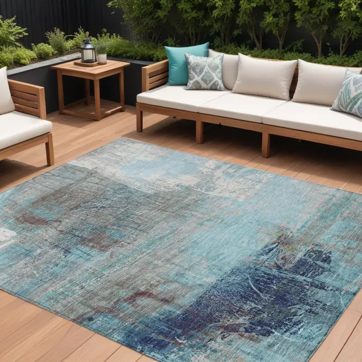 10' X 14' Teal Blue And Gray Abstract Washable Indoor Outdoor Area Rug