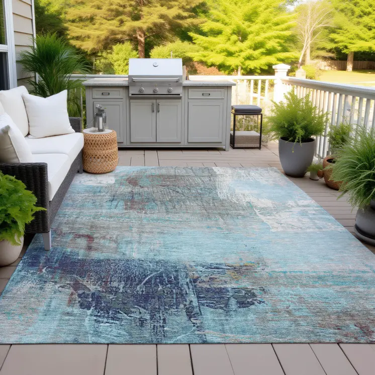 10' X 14' Teal Blue And Gray Abstract Washable Indoor Outdoor Area Rug