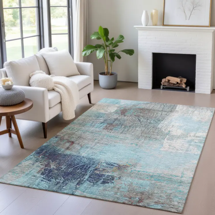 10' X 14' Teal Blue And Gray Abstract Washable Indoor Outdoor Area Rug