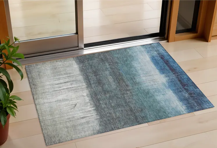 3' X 5' Blue And Gray Abstract Washable Indoor Outdoor Area Rug