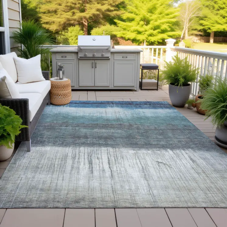 8' X 10' Blue And Gray Abstract Washable Indoor Outdoor Area Rug