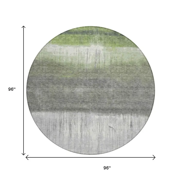 8' Fern Green And Gray Round Abstract Washable Indoor Outdoor Area Rug