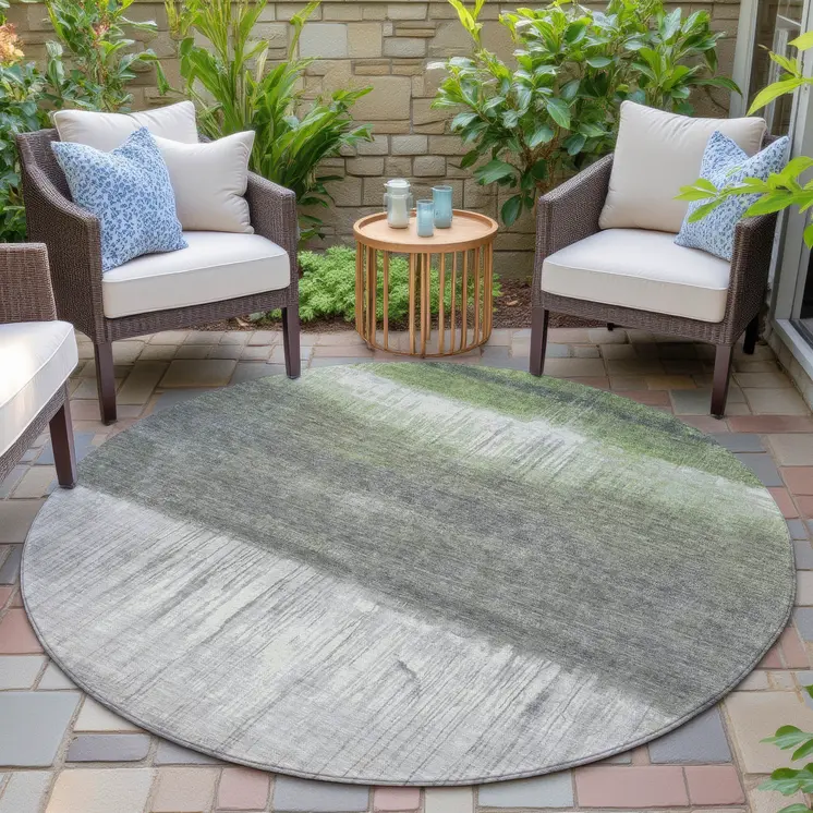 8' Fern Green And Gray Round Abstract Washable Indoor Outdoor Area Rug